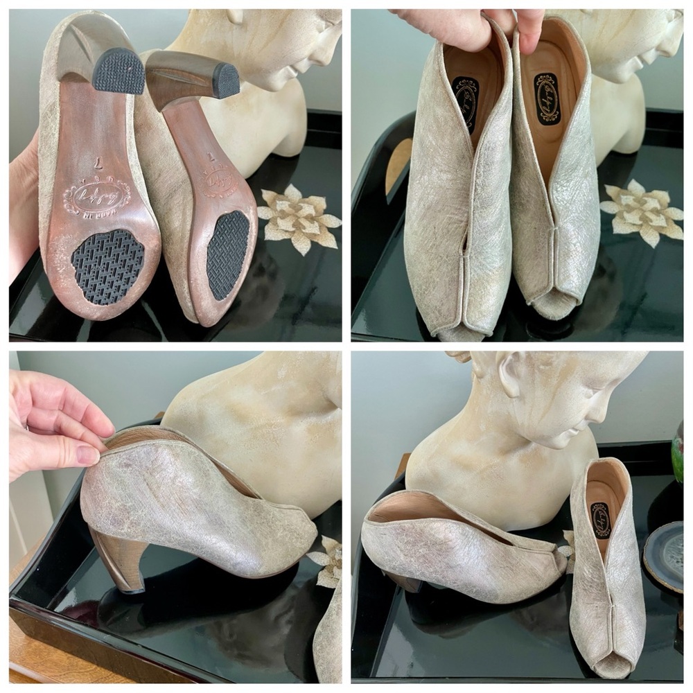 Handmade in USA - Salpy Designer Elegant Platinum Leather Hand Carved Heels